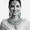 NOOR Bridal Set with Green Artificial Stones ( Necklace, Earrings & Maangtikka)