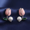 PINK Tulip Flower Stud Earrings for Women | Pearl Floral Earrings | Gold Plated Cute Designer Party & Daily Wear Jewelry