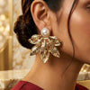 Gold Leaf Pearl Statement Earrings for Women | Nature Inspired Designer Earrings | Trendy Earrings For Causal & Party Wear