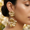 Gold Double Flower Drop Earrings for Women | Floral Dangle Statement Earrings | Party Wear Jewelry